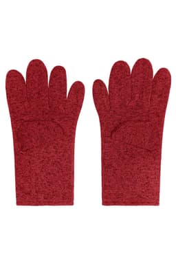 A pair of red fleece gloves with a textured finish, featuring a logo on one glove.