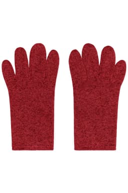 Red fleece gloves featuring a textured design and a seamless finish. Includes a logo on one glove.