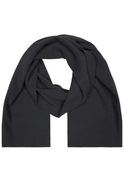 A fleece scarf in a solid dark grey colour, featuring a smooth and soft texture. It has a logo.