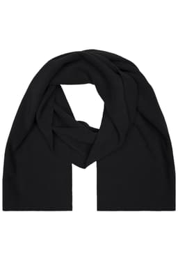 A black fleece scarf featuring a soft, textured fabric and a classic design. It includes a logo.