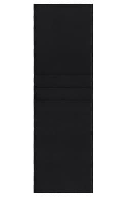A black fleece scarf featuring three vertical seams, presented on a white background.