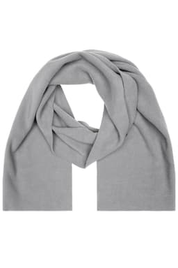 A grey fleece scarf with a soft, textured finish, featuring a simple design. It has a logo on one side.