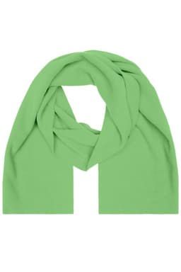 A green fleece scarf with a soft texture and a draped design, featuring a logo.