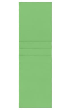 A green fleece scarf with a simple design and three stitched lines across the centre. It has a logo.