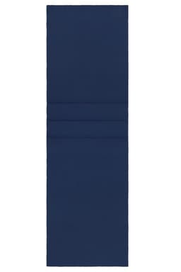 A navy fleece scarf with a smooth texture and three stitched lines for design detail. It features a branding logo.