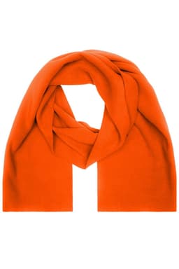 An orange fleece scarf with a soft texture, neatly folded and arranged. Features a logo on the fabric.