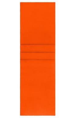 An orange fleece scarf featuring a smooth texture, folded with three stitched sections. It has a logo on one side.
