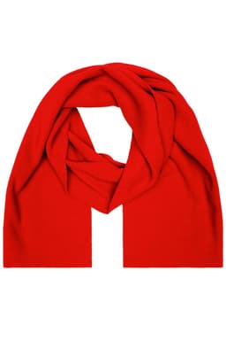 A red fleece scarf featuring a simple design, draped elegantly without any logos or branding visible.