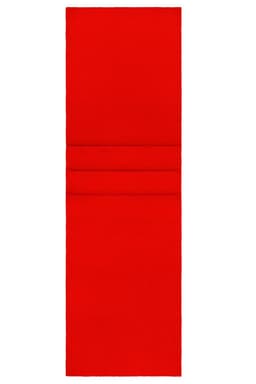 A red fleece scarf, featuring a simple design with a folded and layered appearance.
