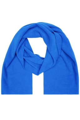 A blue fleece scarf with a soft, textured appearance, featuring a simple design and no visible logos.