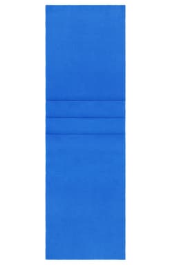 A blue fleece scarf with three folded sections, featuring a logo. Soft and warm accessory for cooler weather.