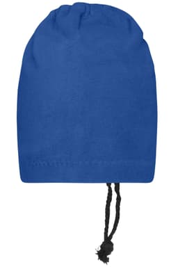 A blue balaclava with a drawstring at the base and a smooth finish. It features a logo on the side.