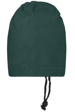 A green balaclava with a drawstring at the base, designed as a clothing accessory.