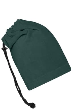 A green balaclava with a drawstring, made from soft fabric. It features a black strap for adjustment.