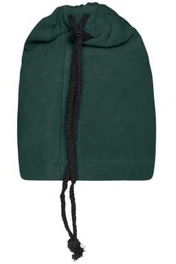 A dark green balaclava with a drawstring at the top, featuring a simple design and no visible branding.