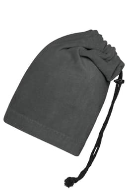 A grey balaclava with a drawstring closure and a gathered top, featuring a branding logo.