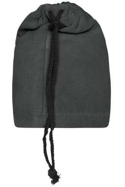 A black balaclava with a drawstring closure, offering full coverage for the head and neck.