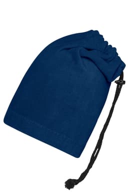 A dark blue balaclava with a gathered top and adjustable drawstring. It features a logo.