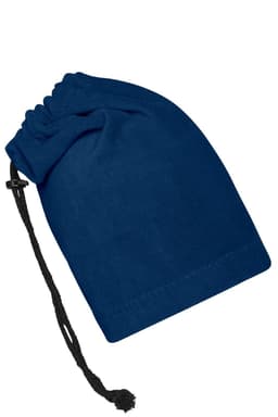 A navy blue balaclava with a drawstring for adjustment. It has a simple design and features a logo.
