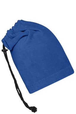 A blue balaclava with a drawstring for adjustment, featuring a smooth fabric design.