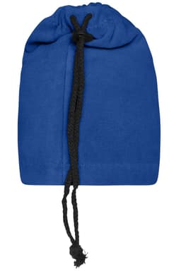 A blue balaclava with a drawstring closure, featuring a black cord. It is designed as a clothing accessory.