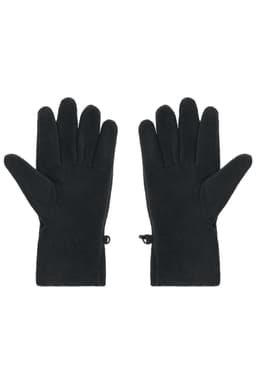 A pair of black microfleece gloves with a smooth texture, featuring adjustable wrist straps.