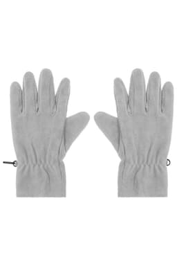 A pair of grey microfleece gloves with an elastic wrist for a snug fit. The gloves have a soft, textured surface.