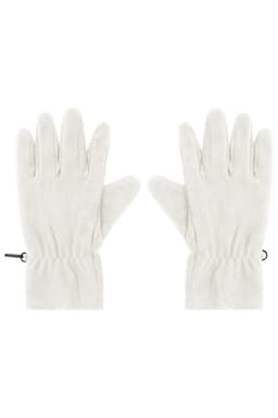 A pair of white microfleece gloves with elastic cuffs and a branding logo.