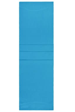 A blue microfleece scarf featuring a simple, streamlined design with a branding logo.