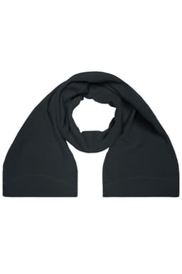 A dark grey microfleece scarf with a soft texture, folded neatly in a circular shape.