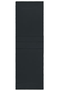 A black microfleece scarf with a smooth texture and a logo. Ideal for adding warmth in cooler weather.