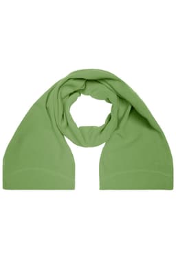A green microfleece scarf, displayed flat with a soft texture, ideal for chilly weather. It features a logo.