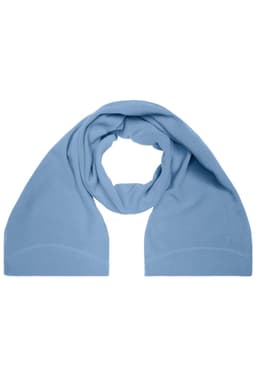 A light blue microfleece scarf displayed in a looped arrangement, featuring a simple design and a logo.