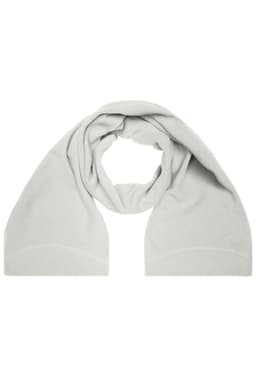 A light grey microfleece scarf displayed in a looped arrangement, featuring a subtle branding logo.