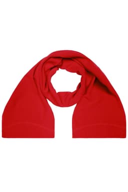 A red microfleece scarf with a soft texture, featuring a subtle logo. Ideal for adding warmth and style.