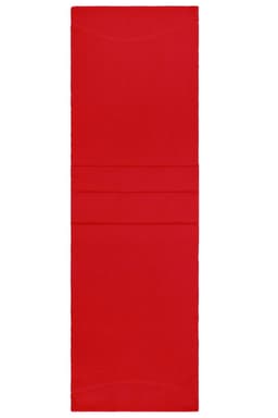 A red microfleece scarf displayed flat, featuring a smooth texture and a simple design. It includes a logo.