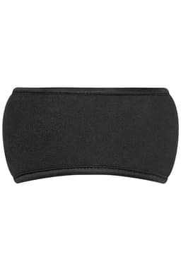 A black Thinsulate™ headband with a smooth fabric finish and a curved design. It has a logo on it.