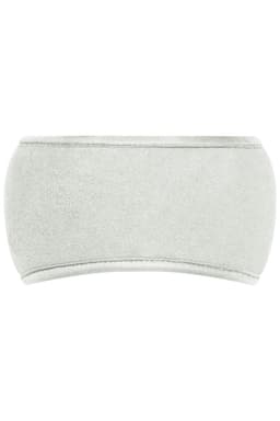 A Thinsulate™ headband in light grey, featuring a soft, fleece-like texture and a curved design. It has a logo on it.