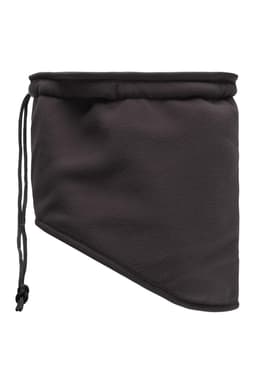 A black Thinsulate™ neck warmer with an adjustable drawstring and tapered design. It features a logo on the fabric.