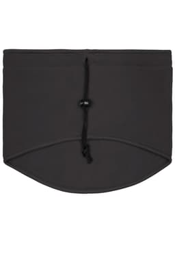 A black Thinsulate™ neckwarmer with a drawstring closure and rounded bottom edge. It features a logo.