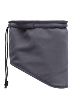 A grey Thinsulate™ neckwarmer with an adjustable drawstring, designed for warmth and comfort.