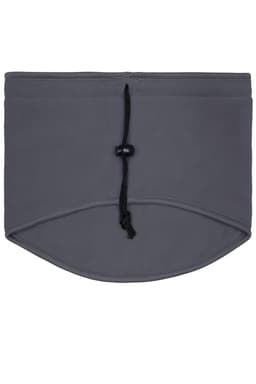 A grey Thinsulate™ neck warmer with a drawstring for adjustability. It has a smooth texture and rounded bottom edges.