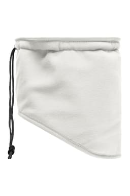 A white Thinsulate™ neckwarmer made of fleece with an adjustable drawstring.