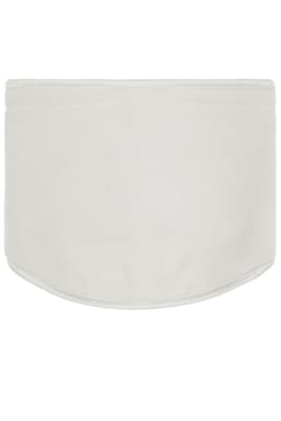 A light grey Thinsulate™ neck warmer, made from soft fabric with a rounded bottom edge and a logo.