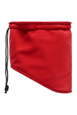 A red Thinsulate™ neckwarmer with a drawstring for adjustable fit, made from soft fleece material.