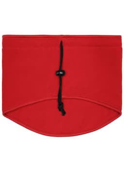 A red Thinsulate™ neckwarmer with a drawstring for adjustment, featuring a simple design and a logo.