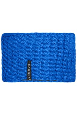 A bright blue crocheted headband with a branded tag. The texture is thick and woven, adding warmth and style.