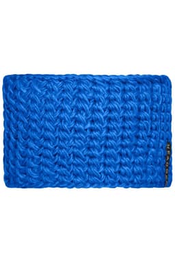 A bright blue crocheted headband with a textured pattern and a small logo tag.