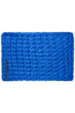 A bright blue crocheted headband with textured stitches and a small logo on the side.