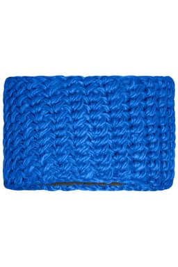 A bright blue crocheted headband with a textured pattern and an inner lining. It features a branding logo.